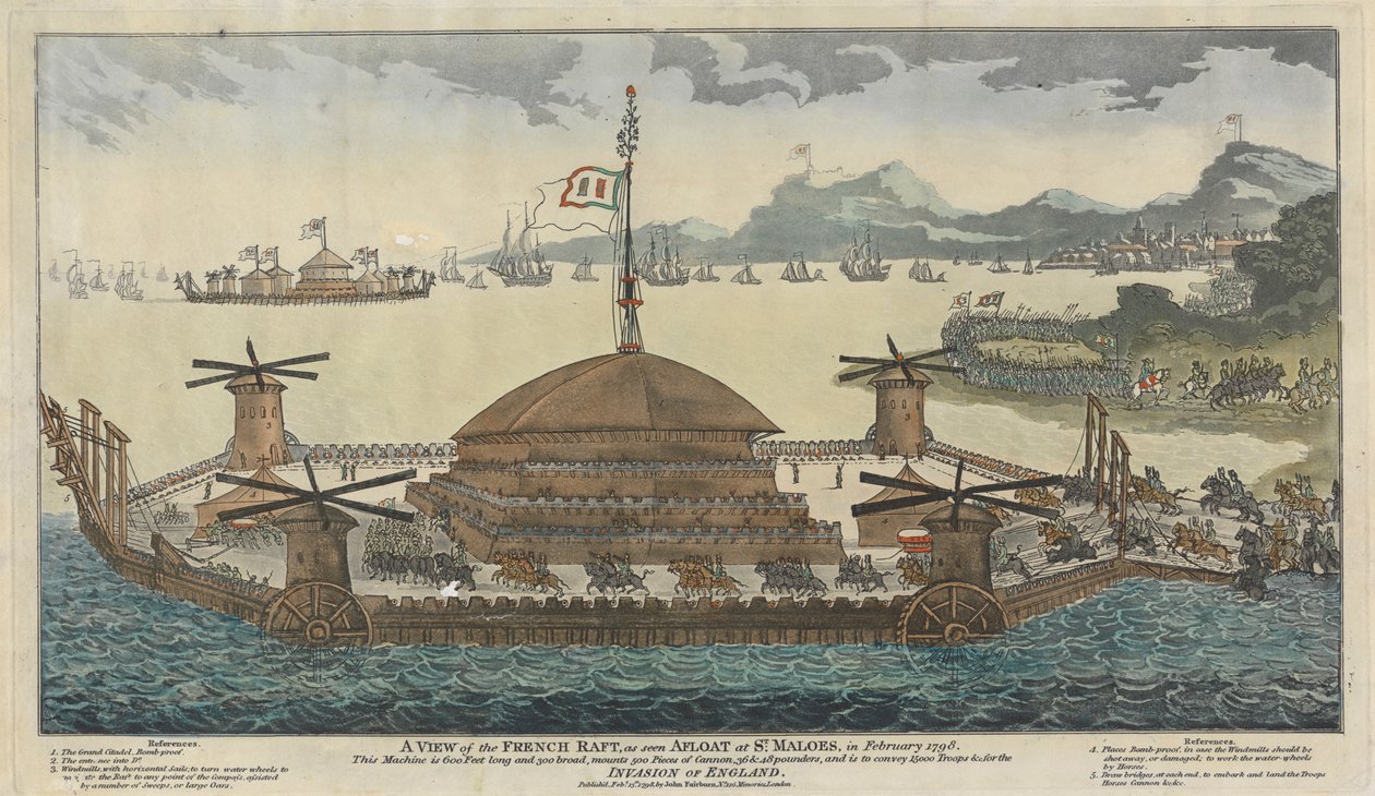 Vue du radeau français, tel que vu flottant à St. Maloes, en février 1798. La machine mesure 600 pieds de long et 300 de large, monte 500 pièces de canon, 36 et 48 livres, et doit transporter 15 000 troupes pour l