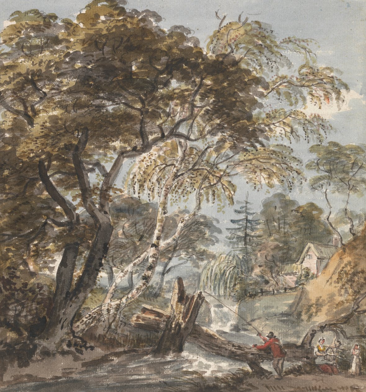 Un ruisseau boisé avec pêcheur - Unknown artist