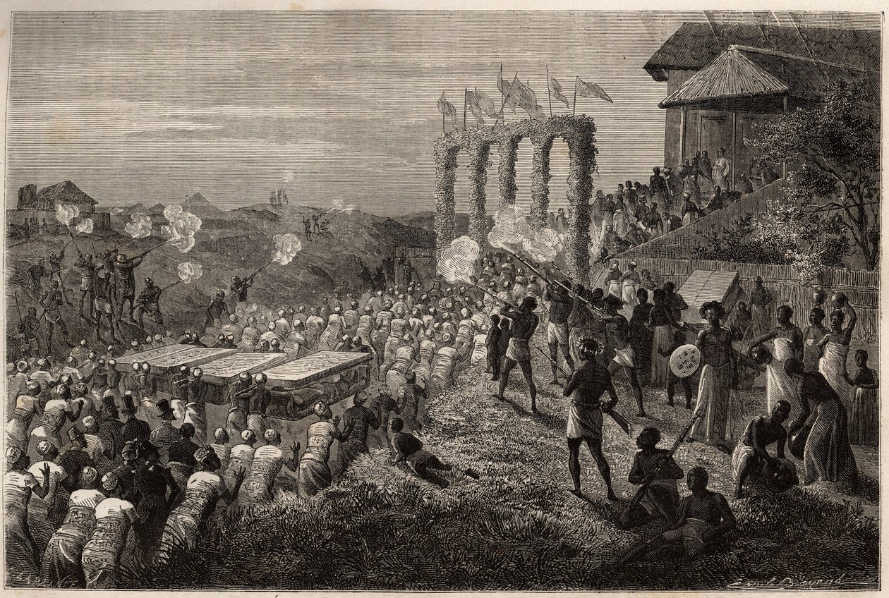 Un cortège nuptial à Tete (Mozambique). Gravure pour illustrer les premiers voyages du Dr. Livingstone en Afrique australe de 1840 à 1856, dans « Le tour du monde, nouveau journal des voyages » publié sous la direction d