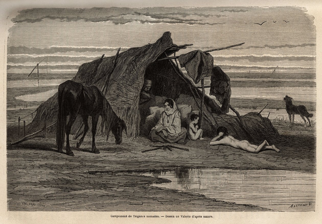 Un camp de gitans nomades dans les plaines du nord de la Bosnie. Gravure pour illustrer les souvenirs de voyage parmi les Slaves du sud, par Georges Perrot, en 1868, publié dans « Le tour du monde » 1870-1871, édité par Édouard Charton, édition Hachette, P - Unknown artist