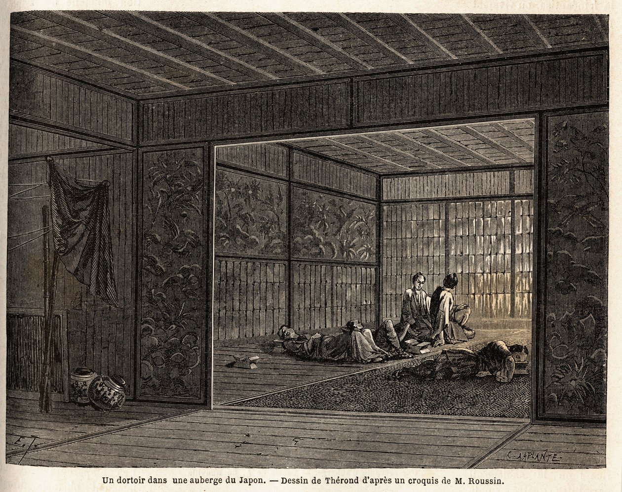 Un dortoir dans une auberge au Japon. Gravure pour illustrer le voyage au Japon en 1863-1864, par Aimé Humbert, ministre de la Confédération suisse, dans "Le tour du monde, nouveau journal des voyages", publié sous la direction d