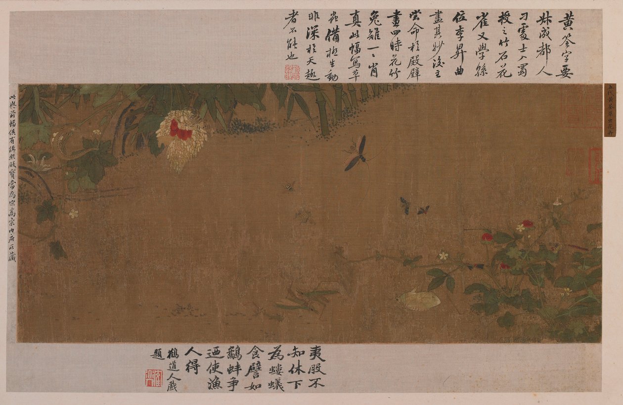 Un jardin : fleurs, sauterelles combattantes, fourmis et autres insectes - Unknown artist