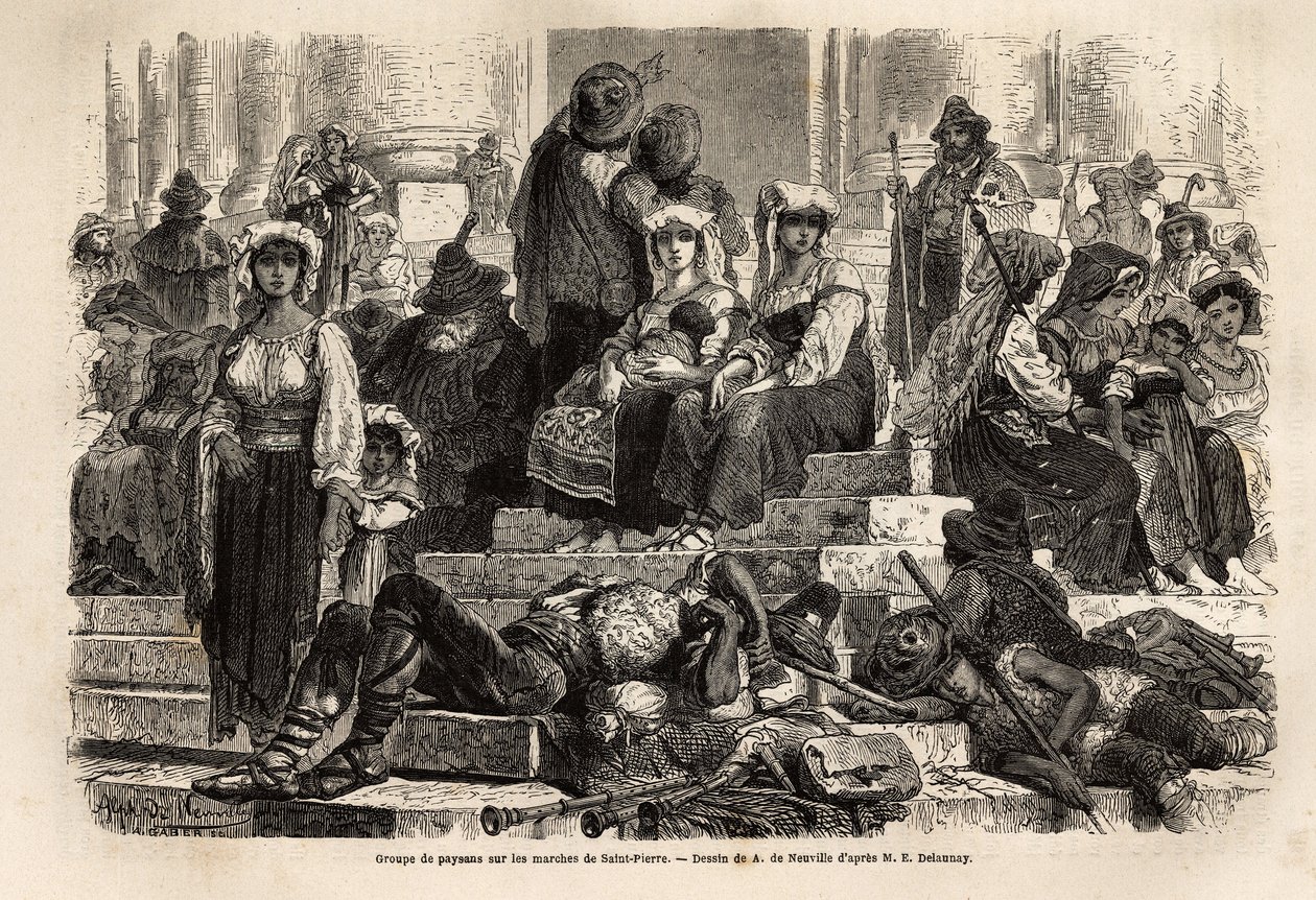 Un groupe de paysans et de bergers se rassemble pour la célébration de la Semaine Sainte sur les marches de Saint-Pierre au Vatican. Gravure pour illustrer l