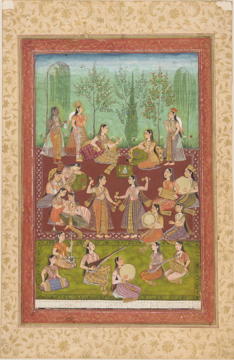 Un groupe de femmes dans un jardin, se divertissant avec de la musique et de la danse - Unknown artist