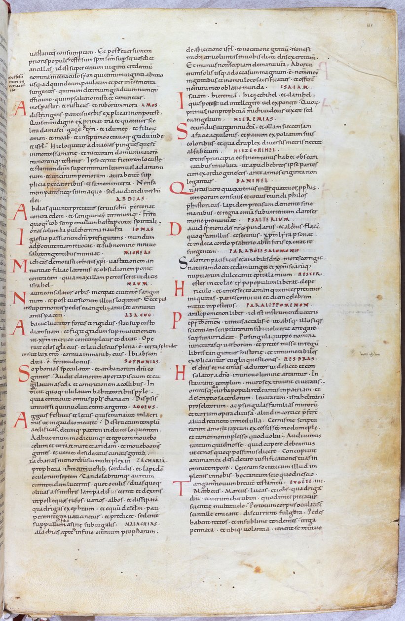 Page de la Bible du XIe siècle présentant les différents livres de l