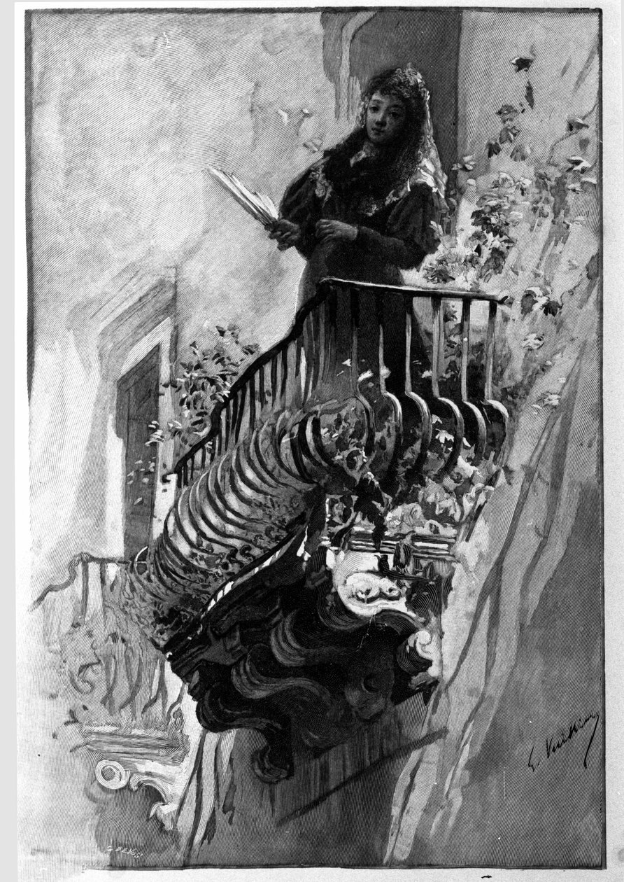 Une jolie femme sur son balcon fleuri un soir d