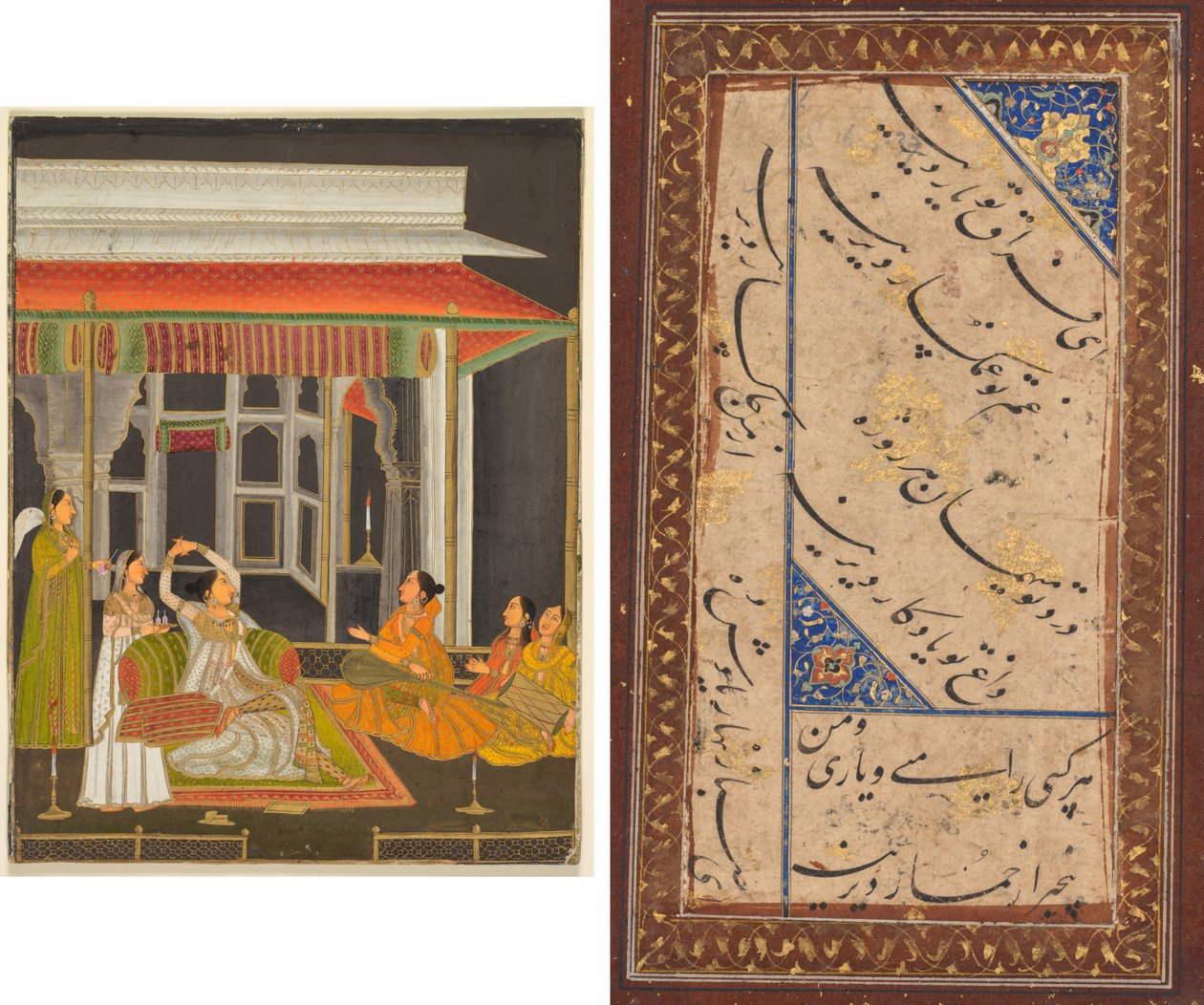 Une princesse sur une terrasse avec des servantes la nuit (recto); Calligraphie (verso) - Unknown artist