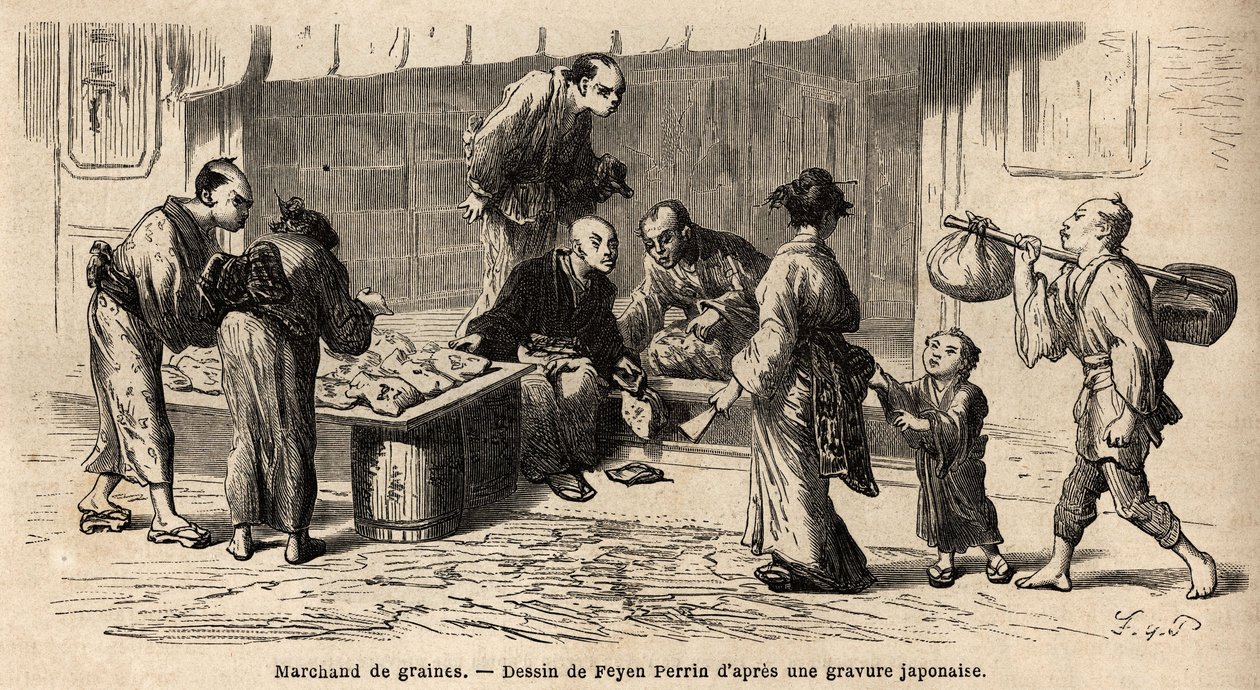 Un marchand de graines au milieu de la rue. Gravure pour illustrer le voyage au Japon, en 1863-1864, par Aimé Humbert, ministre de la Confédération suisse, dans « Le tour du monde, nouveau journal des voyages » publié sous la direction d