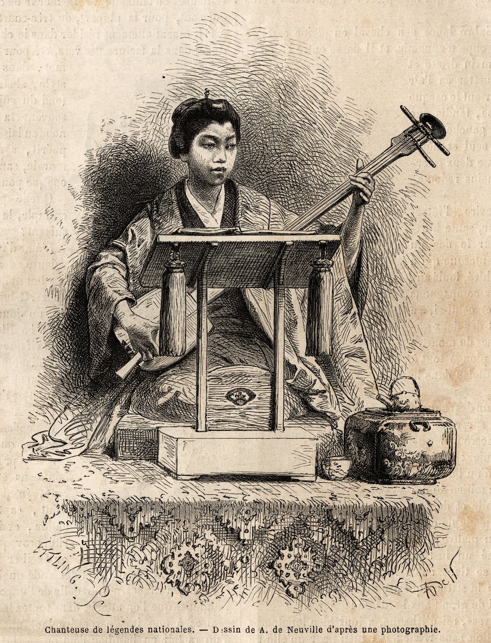 Une chanteuse de légendes nationales, jouant du shamisen pour accompagner son chant, assise derrière son bureau. Gravure pour illustrer le voyage au Japon, en 1863-1864, par Aimé Humbert, ministre de la Confédération suisse, dans "Le tour du monde, nouveau - Unknown artist