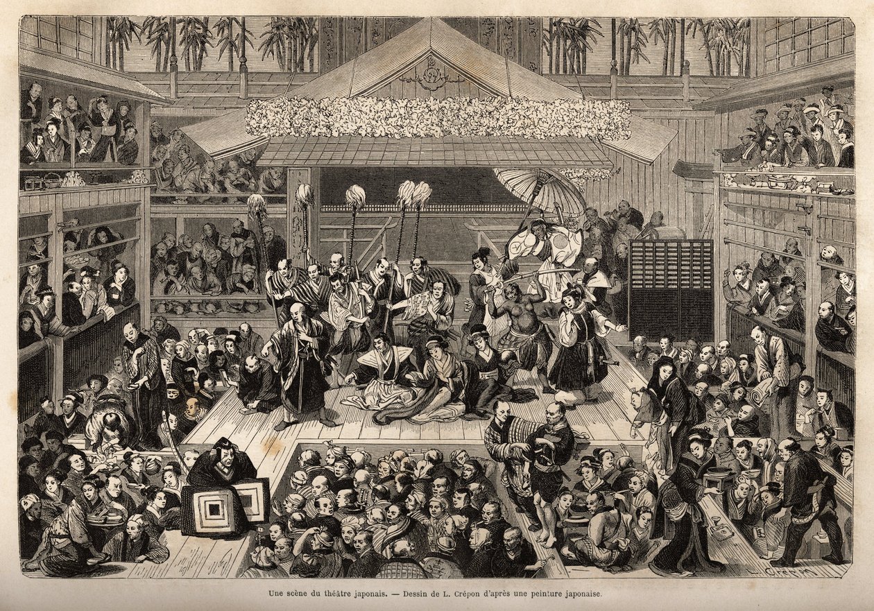 Une scène du théâtre japonais, à Yokohama, avec trois galeries pour la réception des spectateurs - Unknown artist
