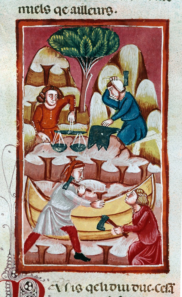 Un commerçant utilisant une balance, un forgeron frappant sur une enclume, deux ouvriers travaillant sur un bateau dans un chantier naval. Miniature tirée des "Faits des Romains" 13ème siècle Venise, bibliothèque Marciana - Unknown artist