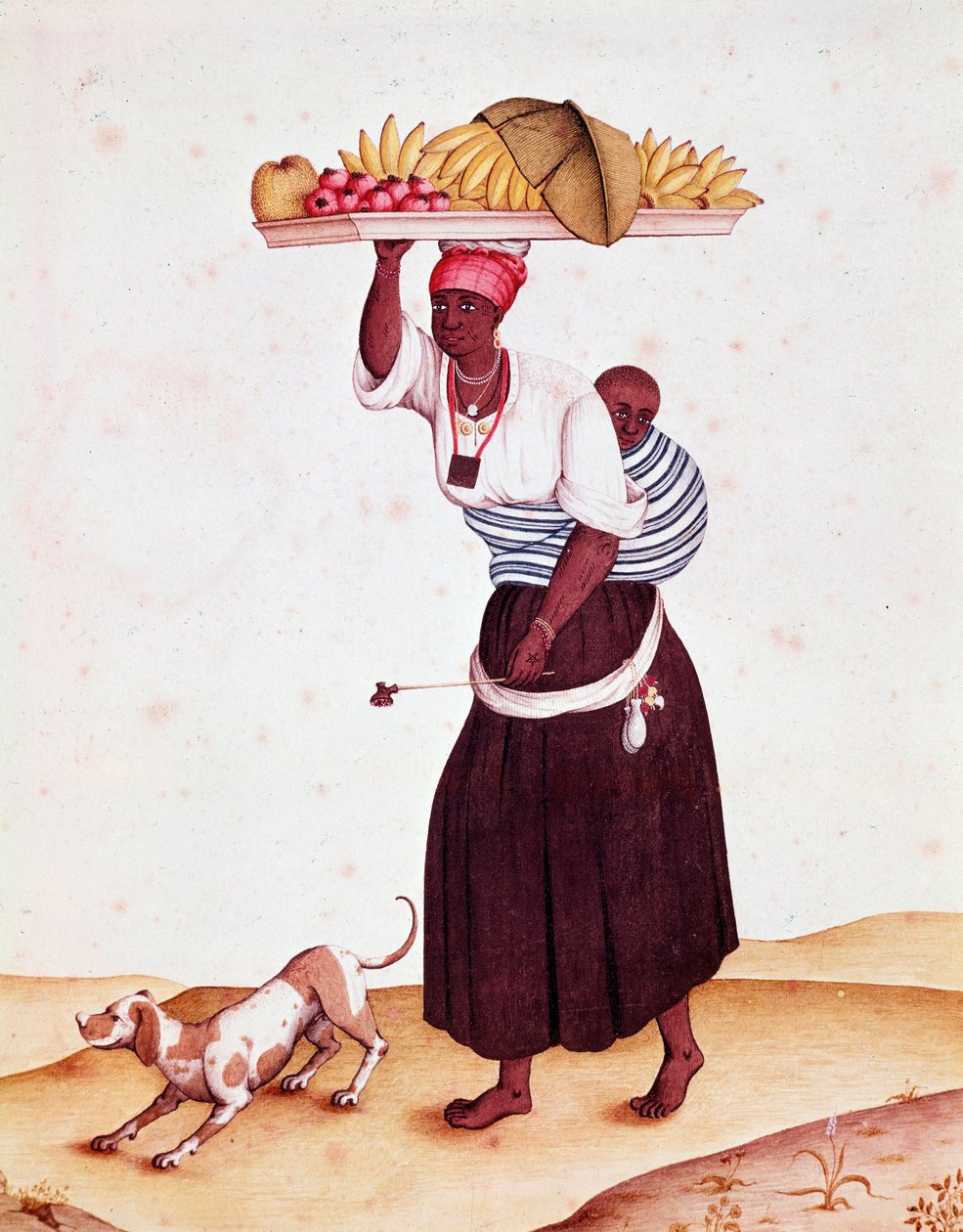Une marchande de fruits itinérante au Brésil, portant son enfant dans le dos. Aquarelle du 18ème siècle. Rio de Janeiro, Bibliothèque nationale - Unknown artist