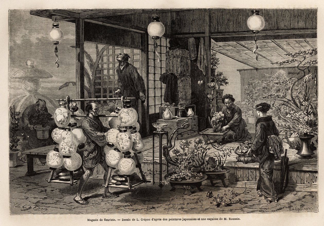 Un vendeur ambulant de lanternes peintes passe devant une boutique de fleuriste à Yedo (ou Edo, Tokyo actuel), où une femme crée une composition de grandes fleurs, tandis que la taille des bonsaïs est plutôt un art masculin. Gravure pour illustrer le Japon - Unknown artist