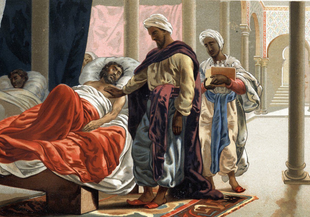 Abulcasis (Abul Qasim ibn Khalaf al-Abbas al-Zahrawi (936 - 1013 apr. J.-C.) soignant une personne malade en Espagne vers l