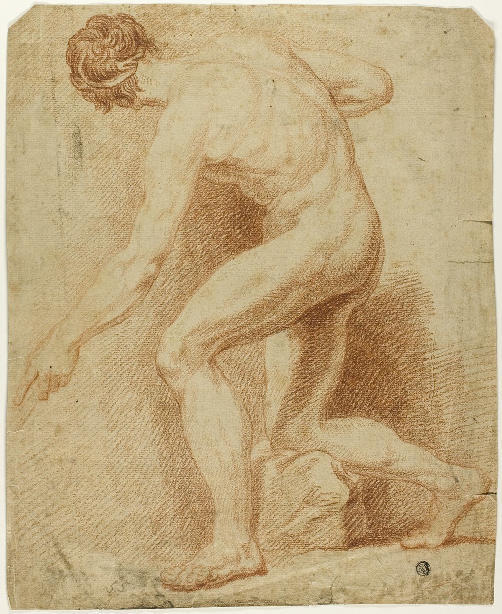 Nu académique masculin, à demi agenouillé et vu de dos - Unknown artist