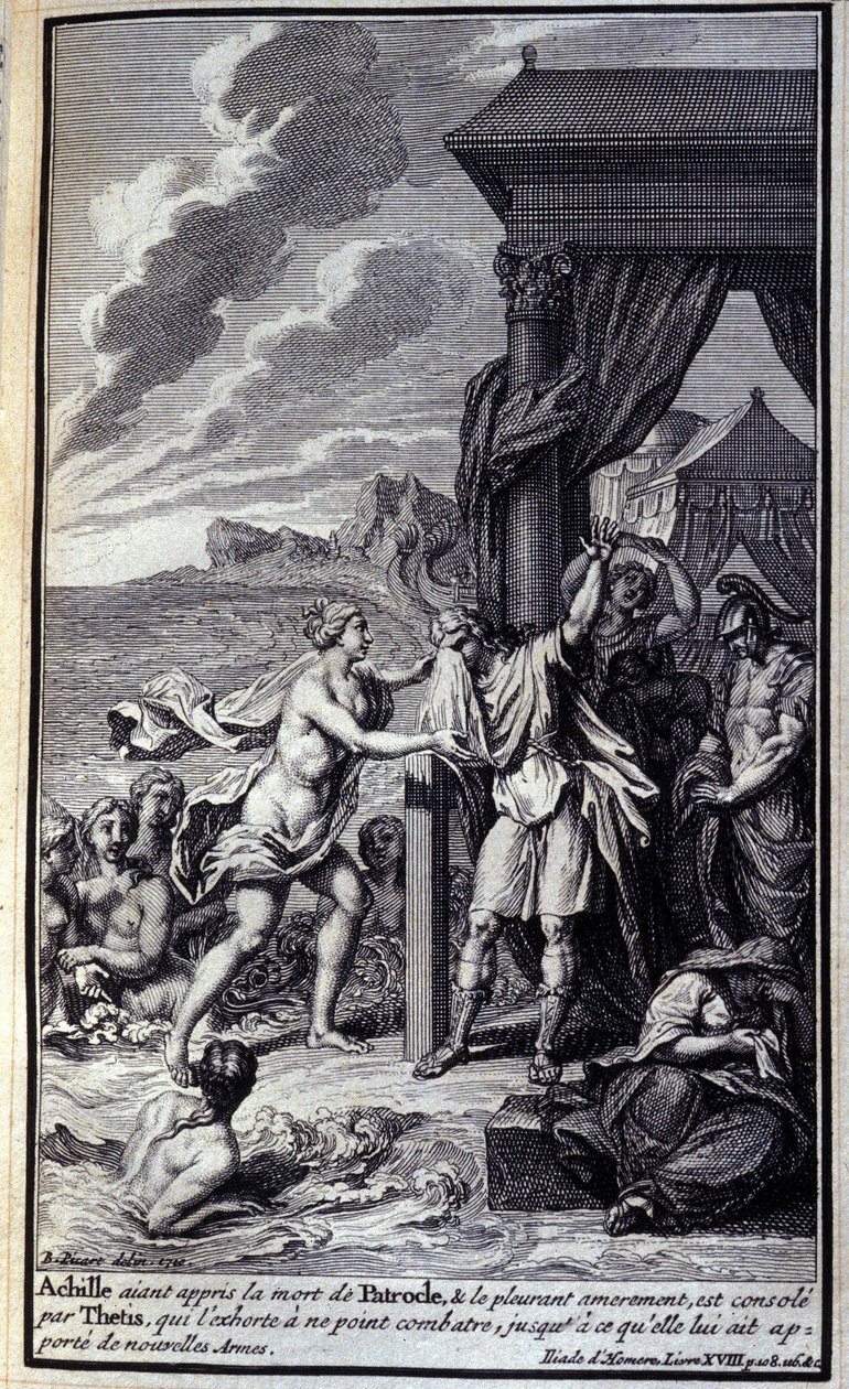 Achille, ayant appris la mort de Patrocle et le pleurant amèrement, est réconforté par Thétis, qui l