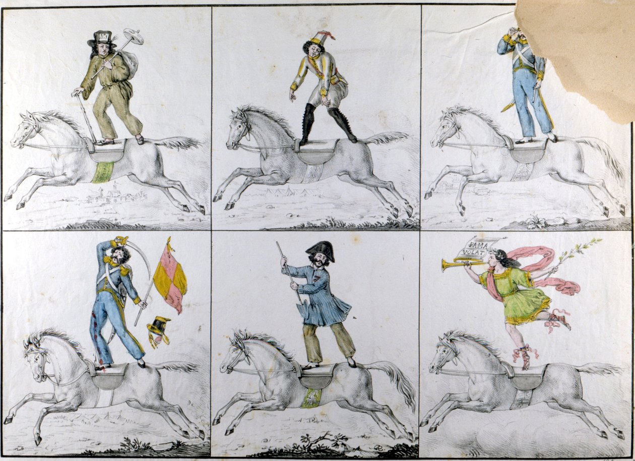 Acrobaties : exercices acrobatiques à cheval. Gravure - Unknown artist