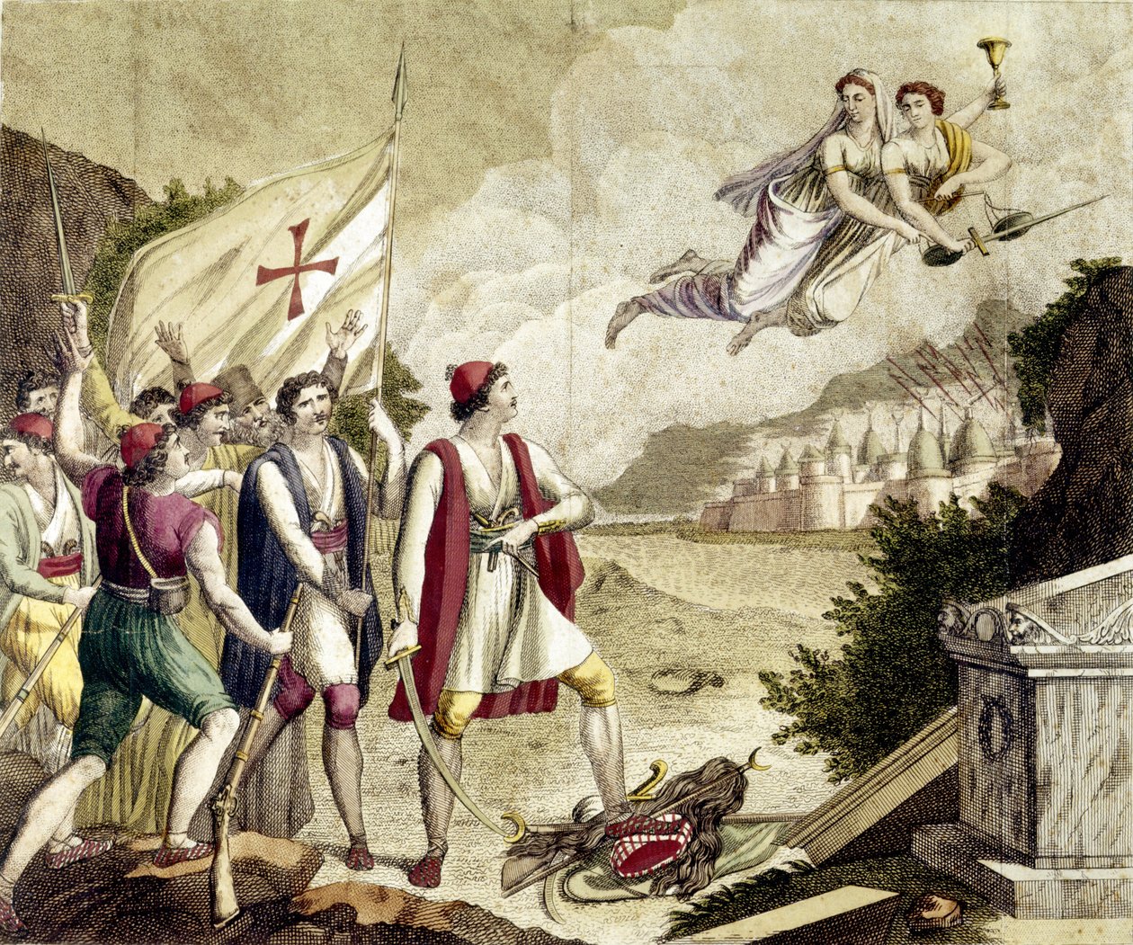 Allégorie du réveil du sentiment nationaliste de la Grèce sous domination ottomane qui a conduit à la guerre d