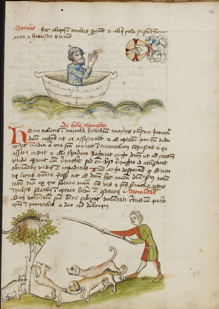 Un homme âgé en prière dans un bateau ; un chat dans un arbre sous lequel se trouve un renard - Unknown artist