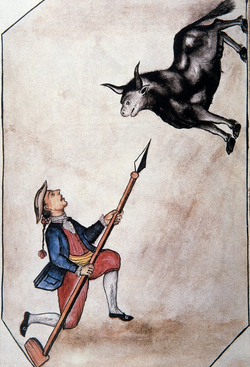 Un Indien pointant de sa lance un taureau, du livre "Trujillo del Peru" ou "Codex Martínez Compañón", par Baltazar Martinez Compañón y Bujanda, évêque de Trujillo (1782-1785) - Unknown artist