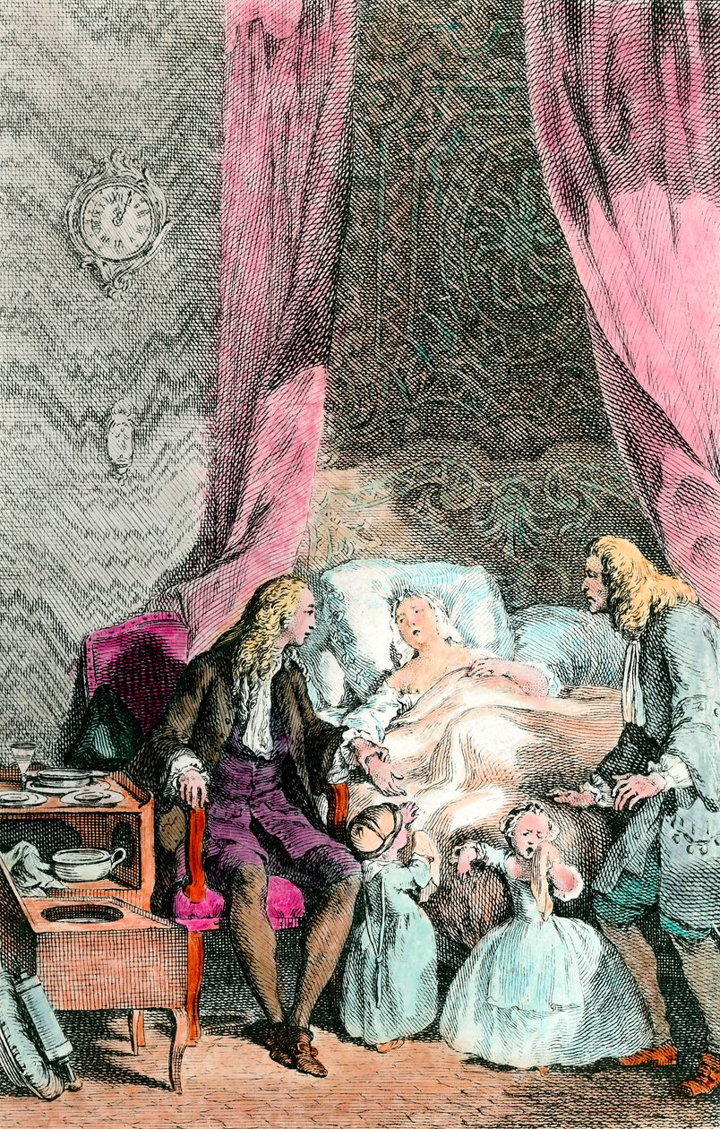Un médecin observateur Une femme malade ou déjà morte est entourée par sa famille et le médecin. Les enfants sont en larmes. Gravure vers 1780. Paris, Académie de Médecine - Unknown artist