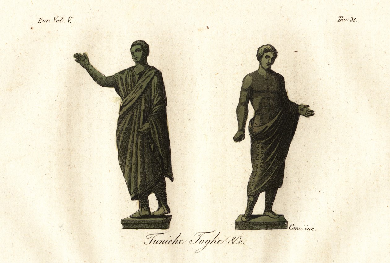 Statues étrusques antiques montrant des hommes portant la toge, la tunique, les calzari (chaussures), etc. - Unknown artist