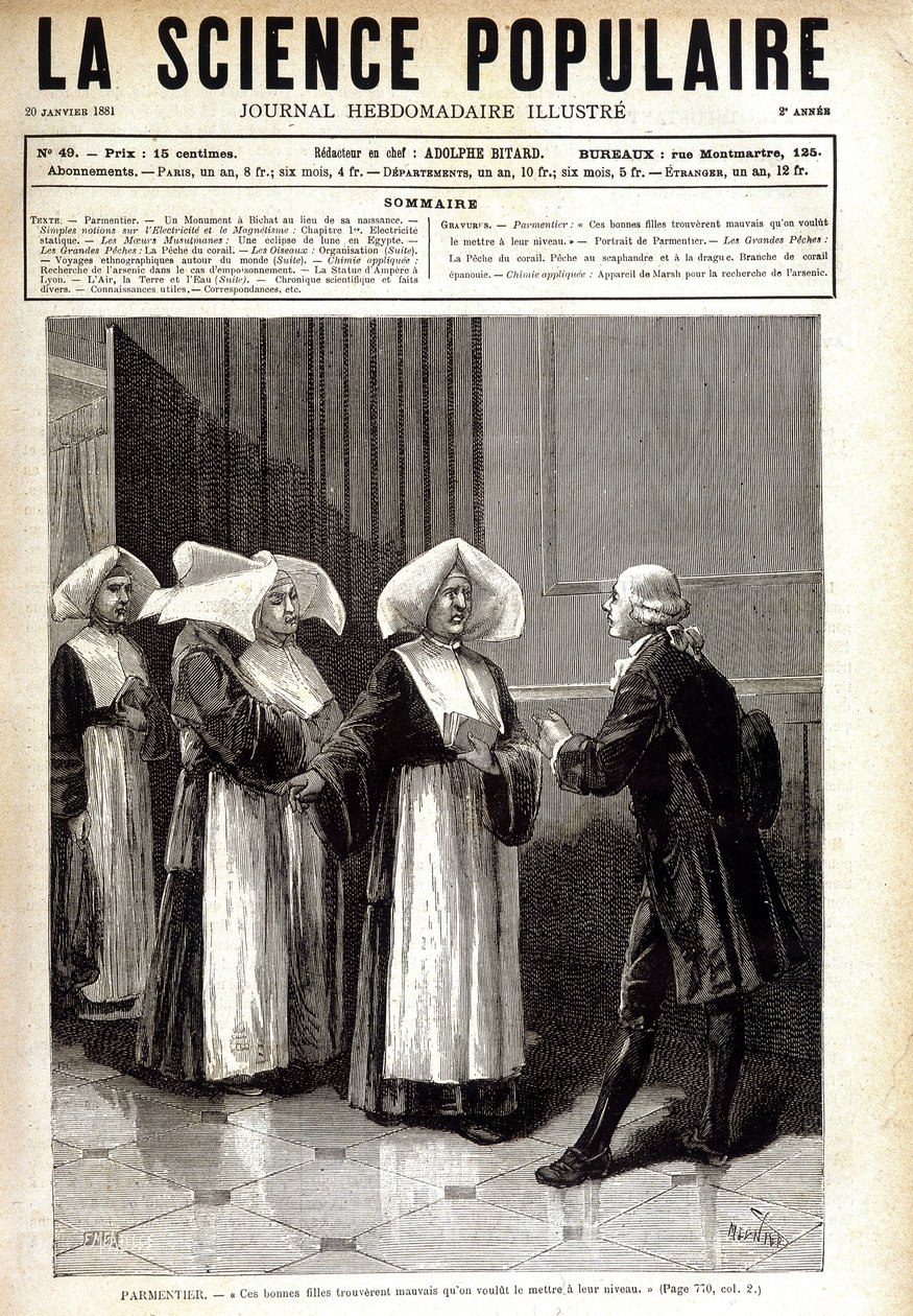 Antoine Augustin Parmentier (1737 - 1813), pharmacien connu pour avoir répandu la culture de la pomme de terre en France, parlant à des religieuses. dans « La science populaire » 20/01/1881 - Unknown artist