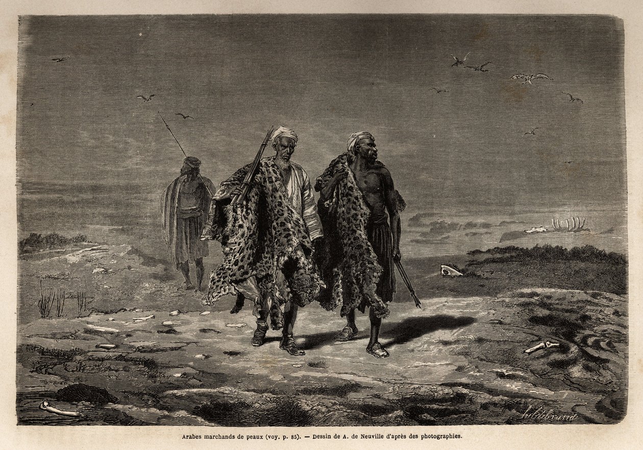 Bédouins arabes, marchands de peaux de panthère et de laine de mouton, en route vers le marché de Bagdad (Irak). Gravure pour illustrer le voyage en Babylonie, en 1866, par Guillaume Lejean, dans « Le tour du monde, nouveau journal des voyages » publié sou - Unknown artist