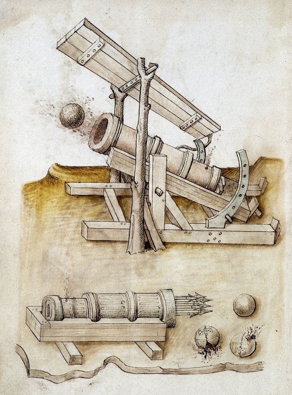 Canon à balles et canon à flèches - Manuscrit : feuille de parchemin d