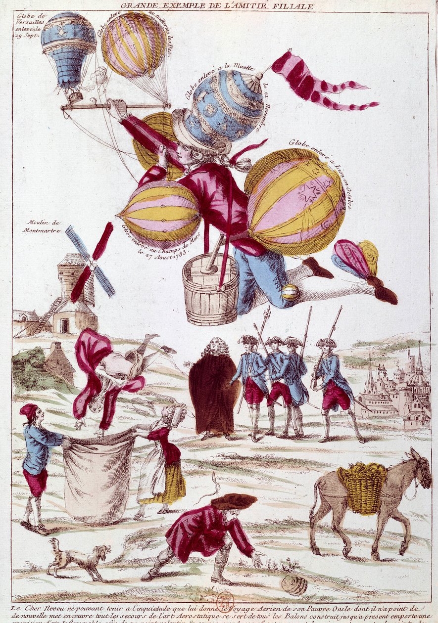Vol en ballon : un neveu, inquiet de ne pas recevoir de nouvelles de son oncle en voyage en ballon, fait tout son possible pour le rejoindre, et décolle tous les ballons construits (Lyon, Champs de Mars, La Muette, Versailles) pour survoler Paris. Gravure  - Unknown artist