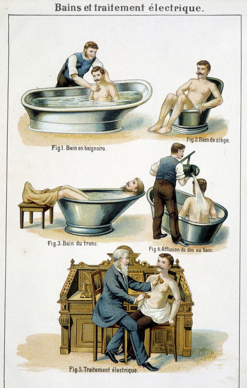 Bains et traitement électrique : 1) Baignoire, 2) Bain de siège, 3) Bain de tronc, 4) Bain de dos, 5) Traitement électrique - dans « Bilz, Médication naturelle », fin du 19e siècle - Unknown artist
