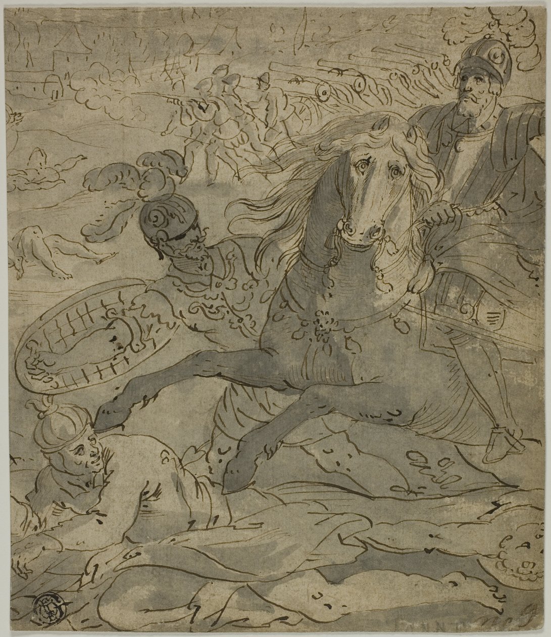 Scène de bataille avec général en charge à cheval au premier plan, artillerie et canons en arrière-plan - Unknown artist