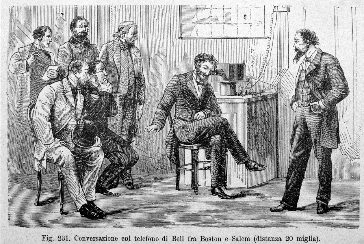 Conversation téléphonique Bell entre Boston et Salem (20 miles de distance). Gravure du 19e siècle - Unknown artist