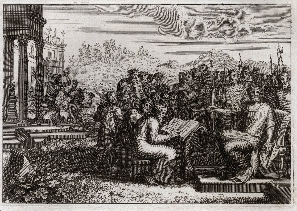 Bible de Royaumont, Ancien Testament : Piété de Josias. Josias, roi de Juda, restaure le culte de Dieu dans son royaume et surpasse en vertu tous les rois ses prédécesseurs. Illustration de 1811 - Unknown artist
