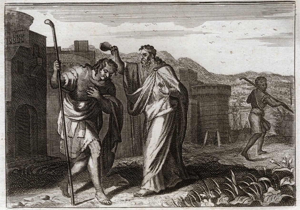 Bible de Royaumont, Ancien Testament : Rite de Saül. Samuel, sur ordre de Dieu, sacre Saül roi des Juifs. Illustration de 1811. - Unknown artist