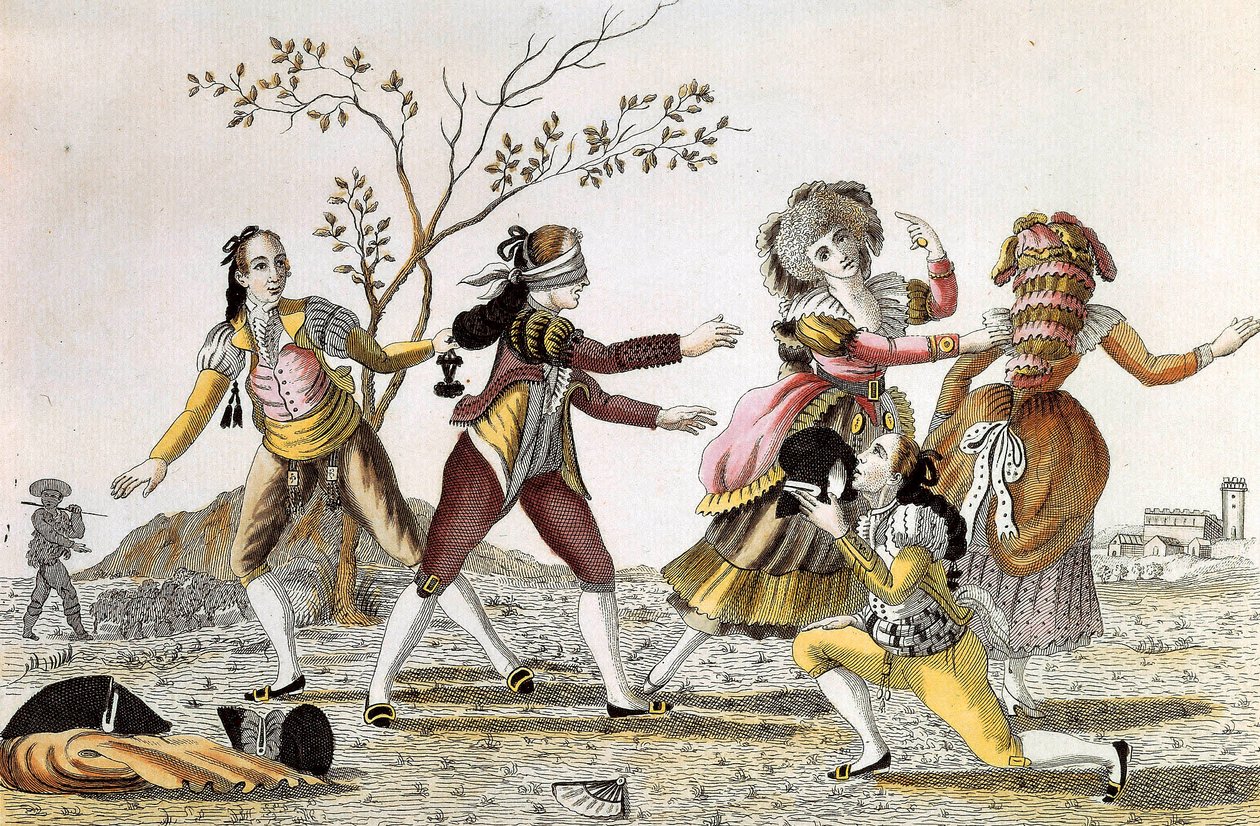 Colin-maillard : Un homme aux yeux bandés cherche à trouver ses compagnons de jeu - Unknown artist