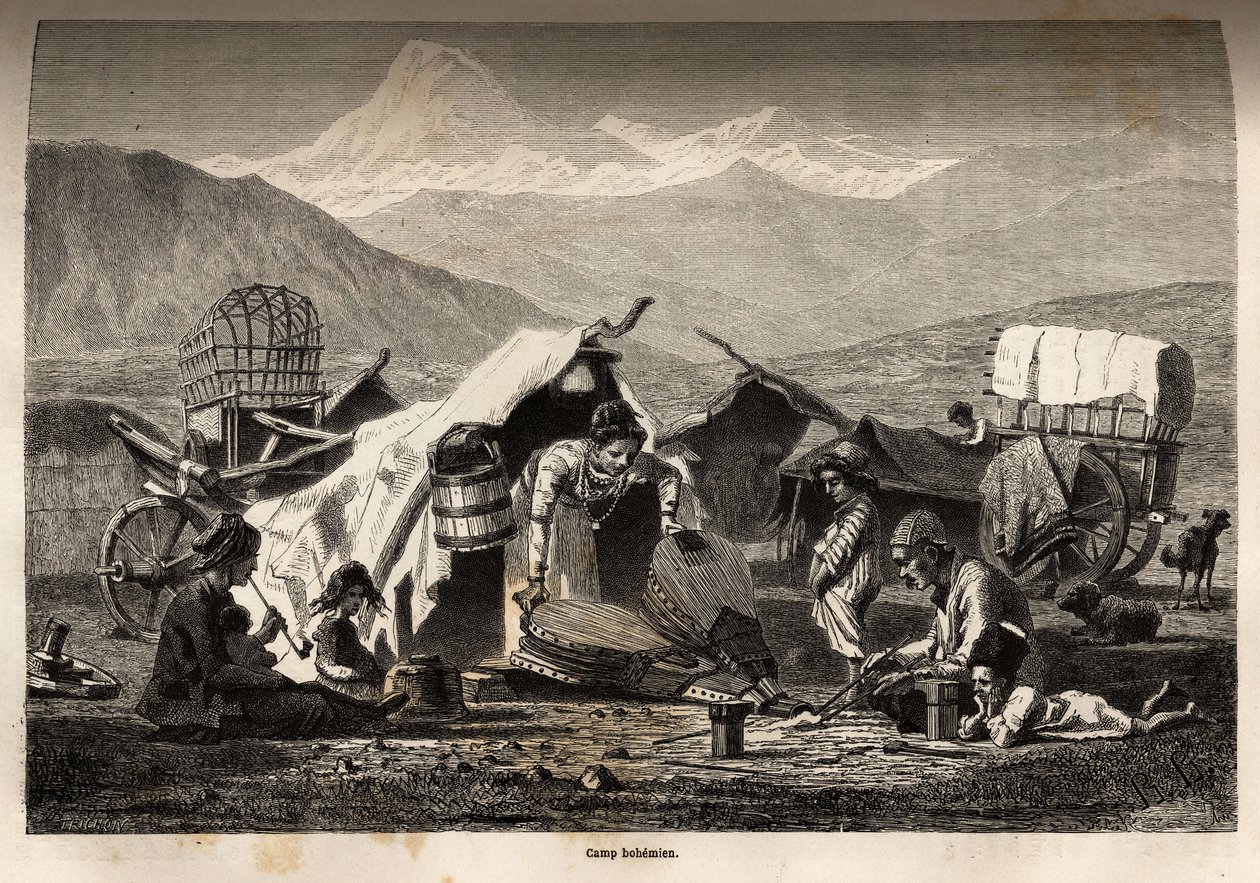 Camp bohémien. Gravure pour illustrer le voyage dans les provinces du Caucase, par Basile Vereschaguine, en 1864-1865, publié dans "Le tour du monde, nouveau journal des voyages", édité par Edouard Charton - Unknown artist