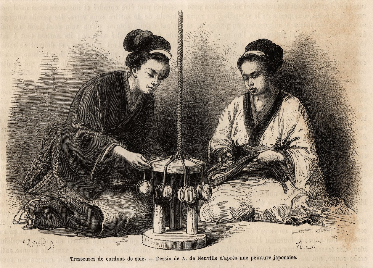 Tresseurs de cordons de soie, dans leur atelier à Yedo (ou Edo, aujourd