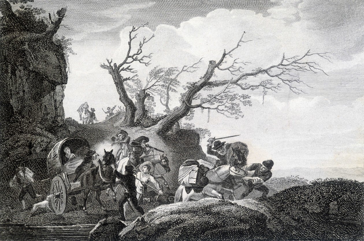 Brigands attaquant des voyageurs sur une route de campagne - Unknown artist