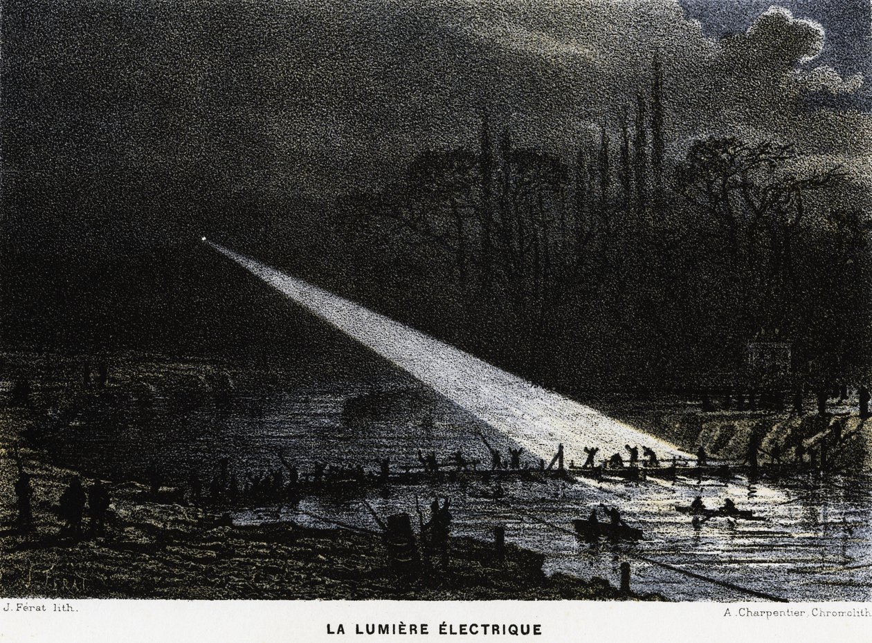 Construction de défenses à travers la Seine la nuit en utilisant la lumière d