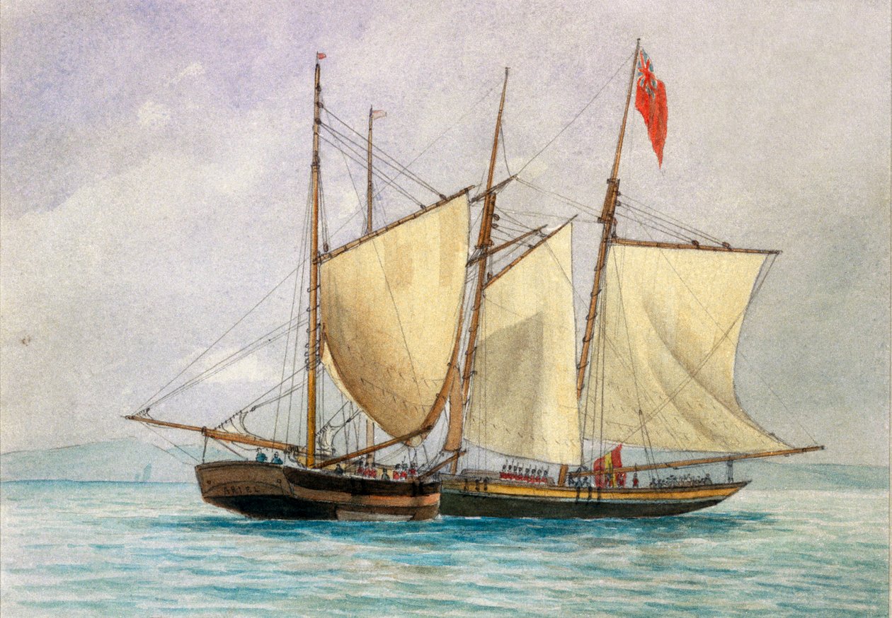 Capitaine H Wolman avec HM 80th Foot capturant la célèbre goélette pirate Hanna Mercury Isld 26 octobre 1843 - Unknown artist