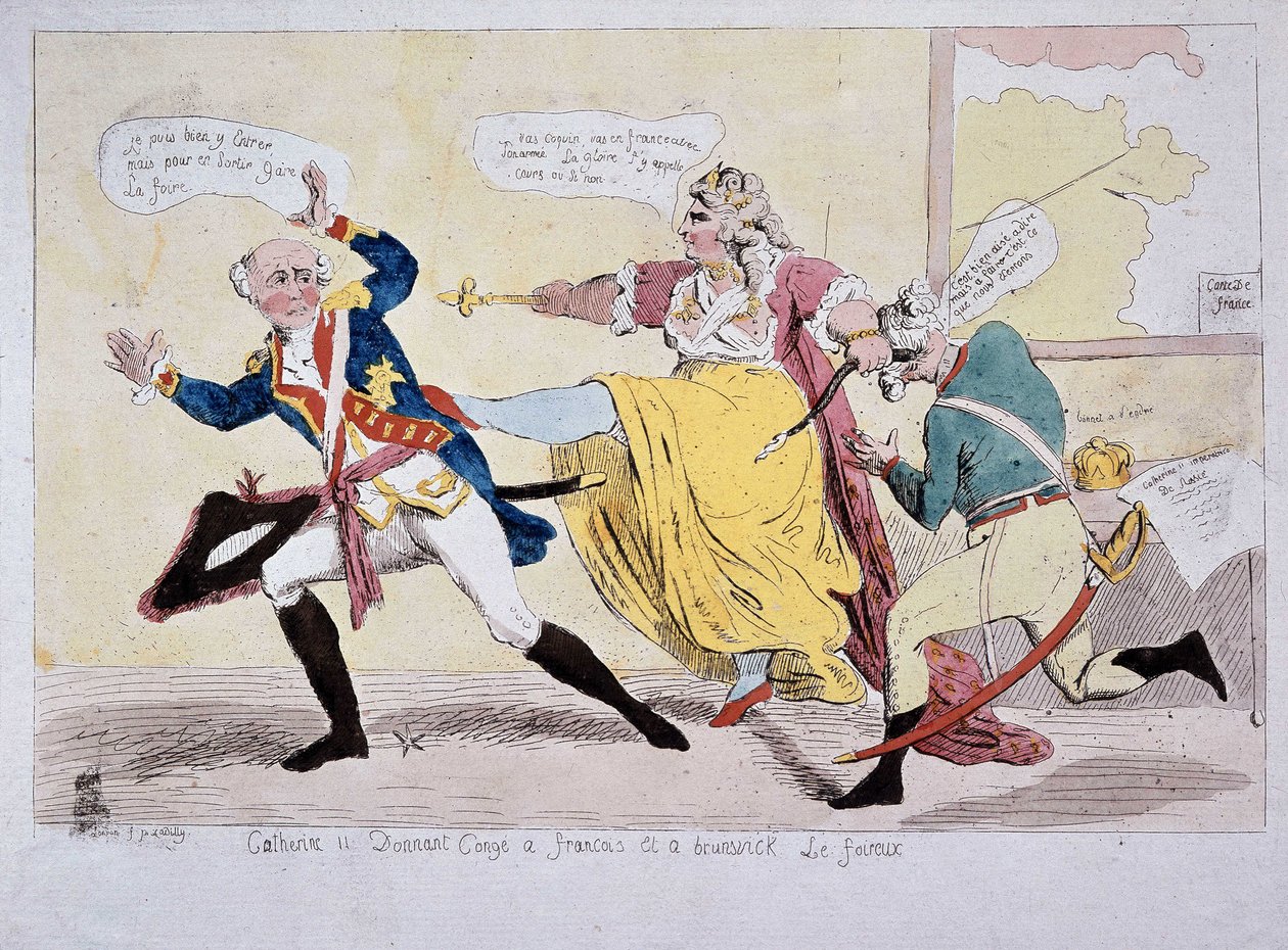 Catherine-II donnant congé à François et Brunswick le Foireux, caricature, fin 18ème siècle - Unknown artist