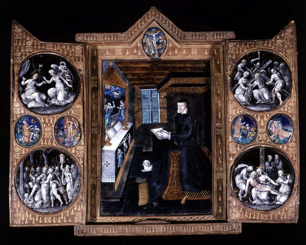 Catherine de Médicis (Caterina de Medici) (1519-1589) en prière - triptyque émail et cuir - Unknown artist