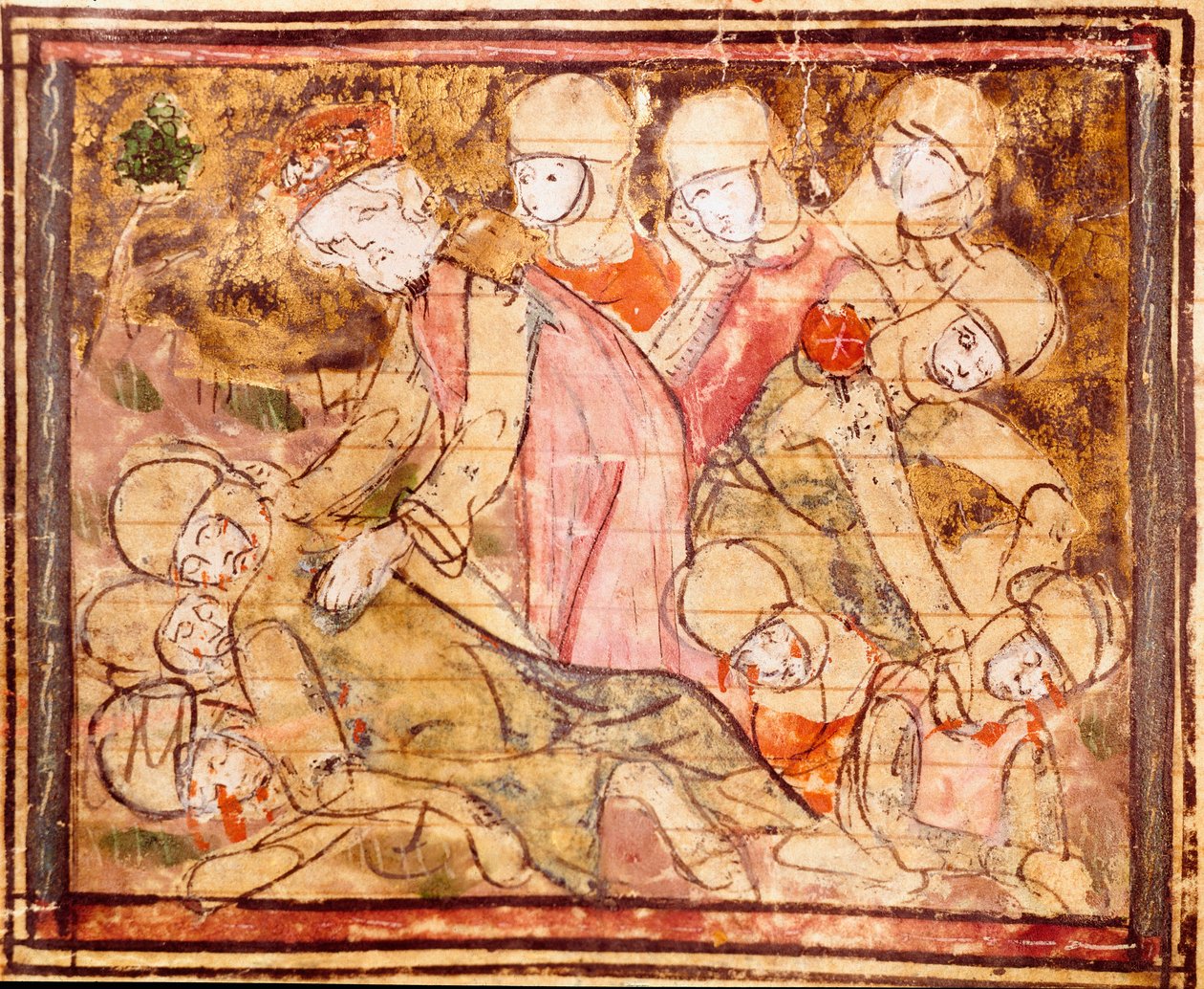 Charlemagne (742-814) trouve le corps de son neveu Roland mort à la bataille de Roncevaux Miniature des « Grandes Chroniques de France » 1375-1379 Bibliothèque municipale, Castres - Unknown artist