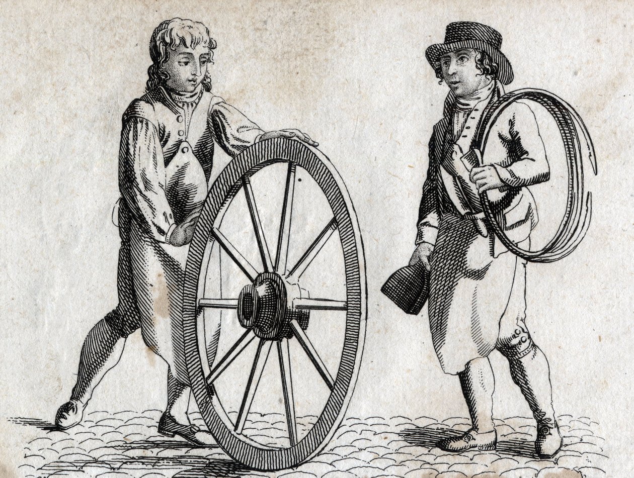 Charron avec roue de charrette et apprenti. Gravure fin XVIIIe siècle. - Unknown artist