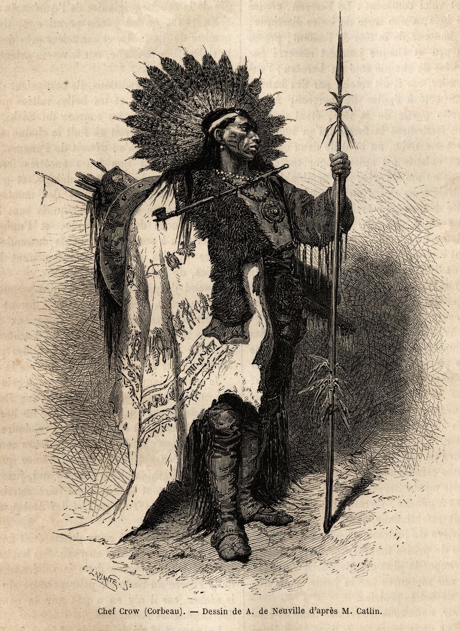 Chef Yellow Moccassin, de la tribu indienne Crow, vivant le long de la rivière Lewis. Gravure pour illustrer une excursion parmi les tribus indiennes des bassins de la Colombie et du Haut Missouri, par G. Catlin, en 1855, publiée dans "Le tour du monde" - Unknown artist
