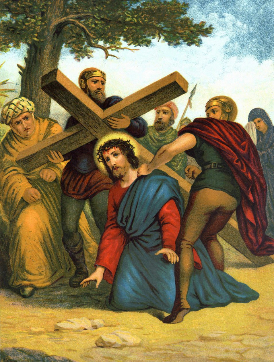 Chromolithographie de la fin du 19e siècle représentant la vie du Christ : Jésus tombe pour la première fois sous la croix - Unknown artist