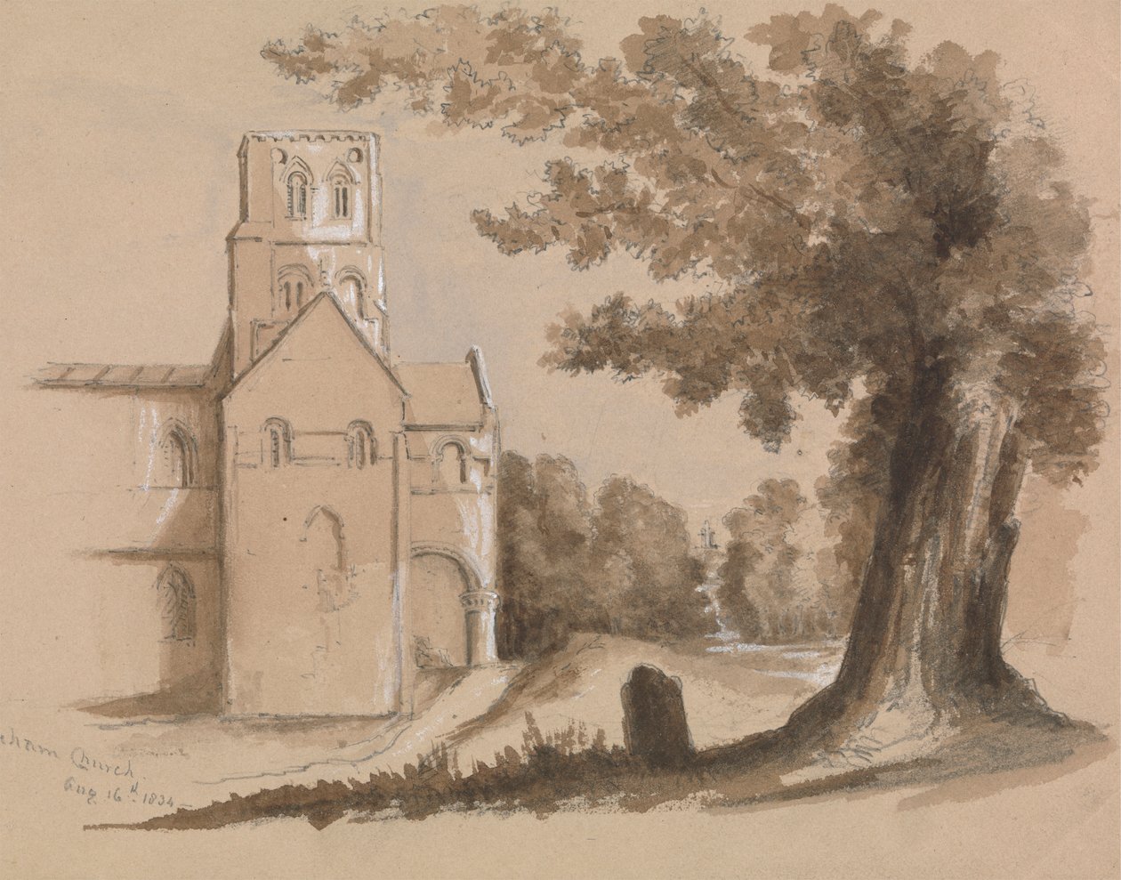 Église avec arbre et pierre tombale au premier plan - Unknown artist