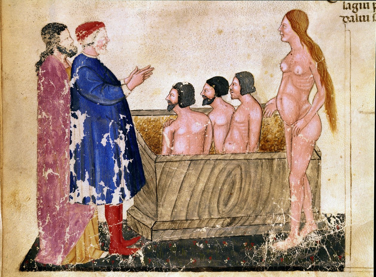Cercle des Adulateurs : Dante et Virgile rencontrent Alessio Interminelli, Seigneur de Lucques, et Thaïs la prostituée. Page illuminée illustrant le 18e chant de l