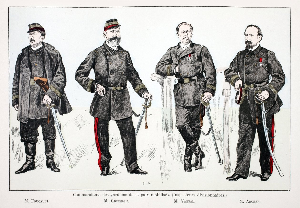 Commandants des gardiens de la paix mobilisés (inspecteurs divisionnaires), de gauche à droite : M. Foucault, M. Giobergia, M. Vassal, M. Archer. Eau-forte en couleurs pour illustrer "Histoire du corps des gardiens de la paix" - Unknown artist